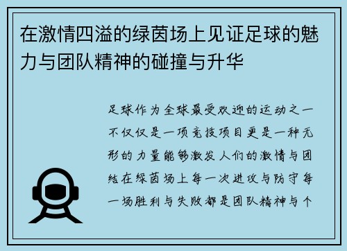 在激情四溢的绿茵场上见证足球的魅力与团队精神的碰撞与升华